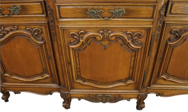 Sideboard Louis XV Rococo French Vintage 1950 Carved Oak 3-Door 3-Drawer