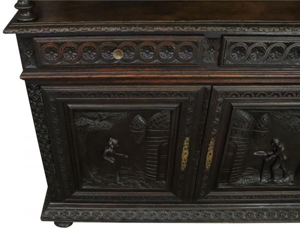 Brittany Buffet Antique French 1900 Chestnut Carved Figures Ship Wheels 2-Door
