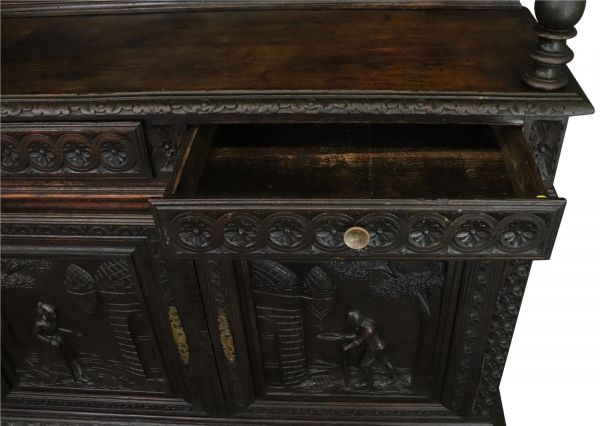 Brittany Buffet Antique French 1900 Chestnut Carved Figures Ship Wheels 2-Door