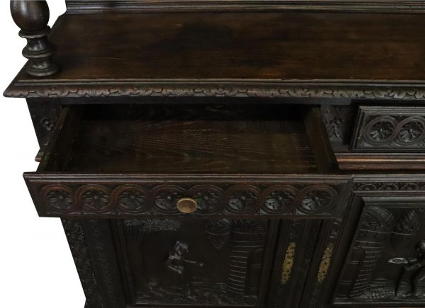 Brittany Buffet Antique French 1900 Chestnut Carved Figures Ship Wheels 2-Door