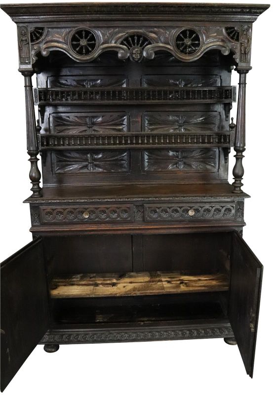 Brittany Buffet Antique French 1900 Chestnut Carved Figures Ship Wheels 2-Door