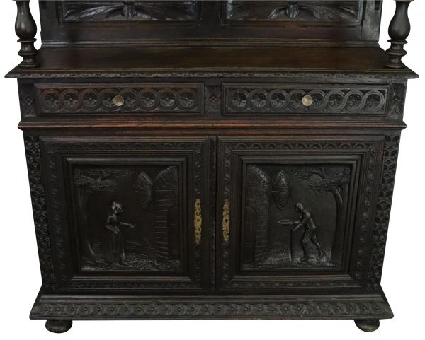 Brittany Buffet Antique French 1900 Chestnut Carved Figures Ship Wheels 2-Door