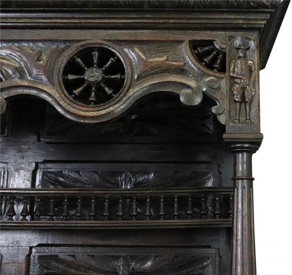 Brittany Buffet Antique French 1900 Chestnut Carved Figures Ship Wheels 2-Door