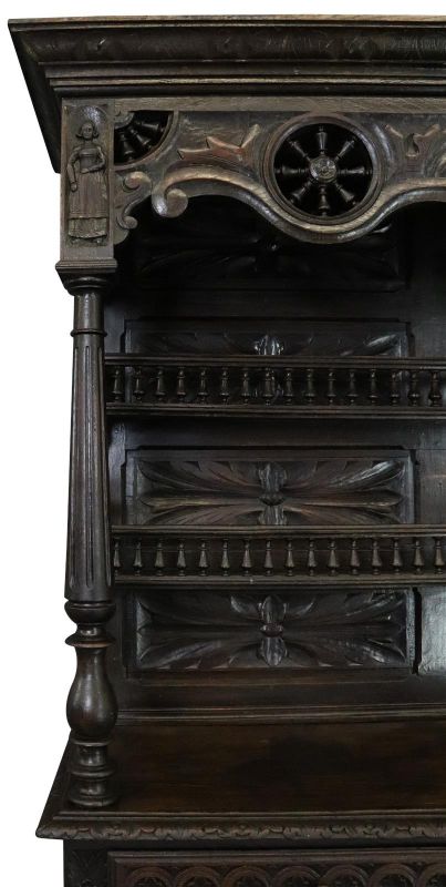 Brittany Buffet Antique French 1900 Chestnut Carved Figures Ship Wheels 2-Door