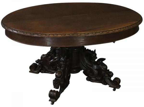 Table Antique French Hunting Renaissance Oak 1880 Pedestal Ornate Carved Beasts