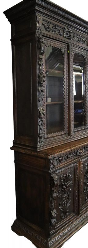 Buffet Antique 1880 Hunting Renaissance Carved Oak Glass 4-Door 1-Drawer