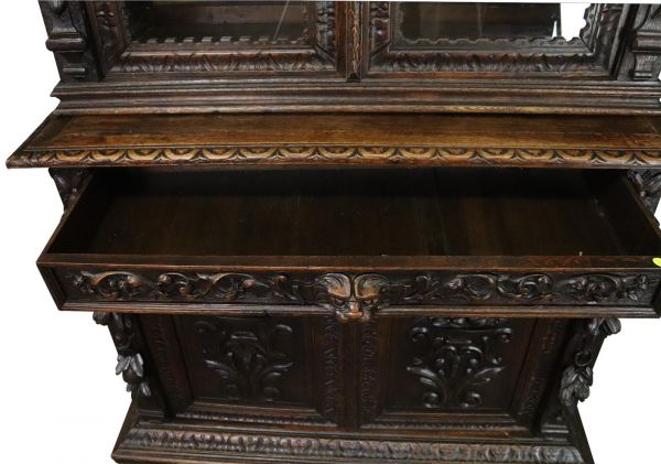 Buffet Antique 1880 Hunting Renaissance Carved Oak Glass 4-Door 1-Drawer