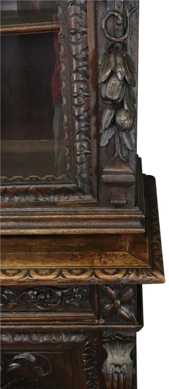 Buffet Antique 1880 Hunting Renaissance Carved Oak Glass 4-Door 1-Drawer