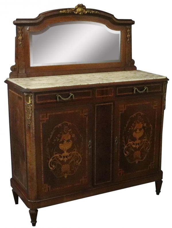 Server Sideboard Louis XVI French 1920 Gray White Marble Marquetry Mahogany