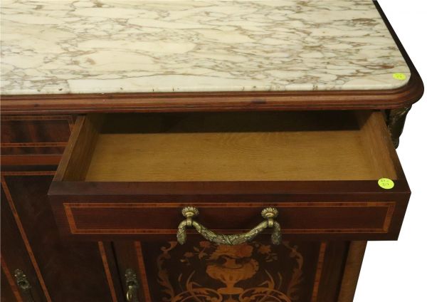 Server Sideboard Louis XVI French 1920 Gray White Marble Marquetry Mahogany