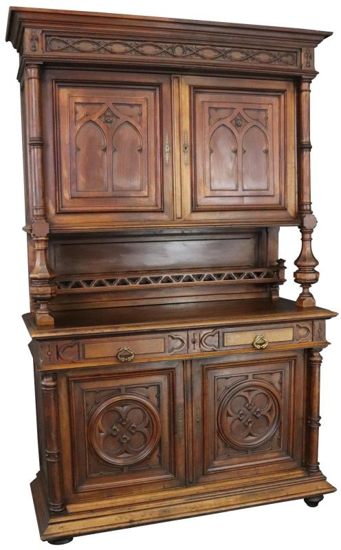 Buffet Antique French Gothic, 1900, Walnut Wood 4-Door 2-Drawer
