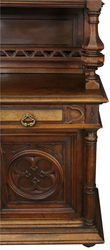 Buffet Antique French Gothic, 1900, Walnut Wood 4-Door 2-Drawer