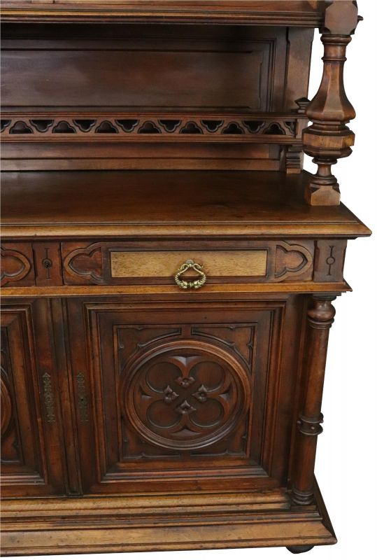 Buffet Antique French Gothic, 1900, Walnut Wood 4-Door 2-Drawer