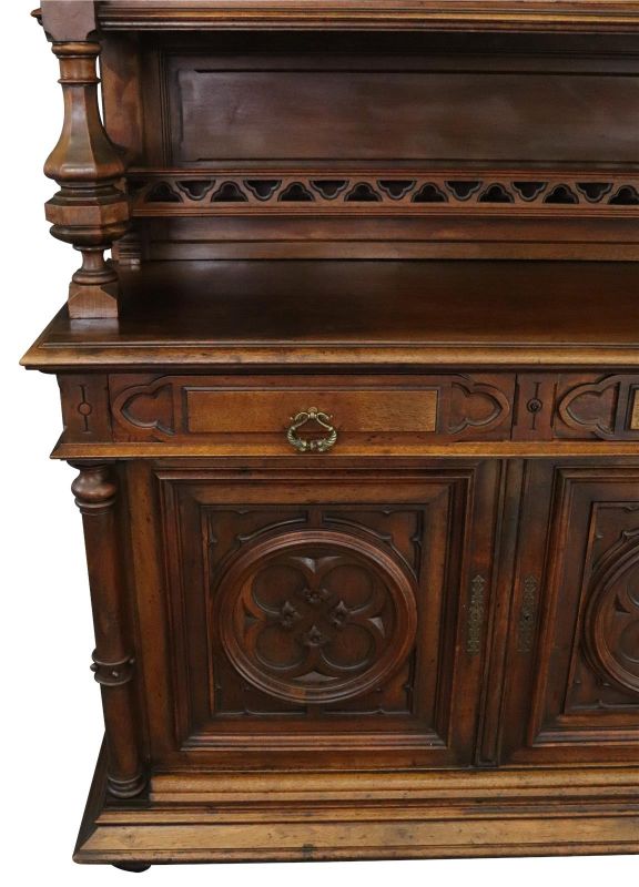 Buffet Antique French Gothic, 1900, Walnut Wood 4-Door 2-Drawer