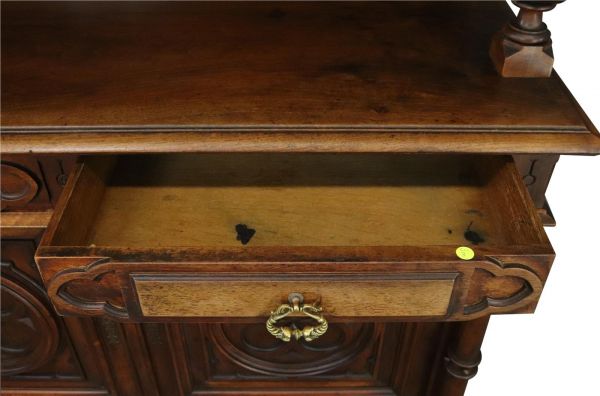 Buffet Antique French Gothic, 1900, Walnut Wood 4-Door 2-Drawer