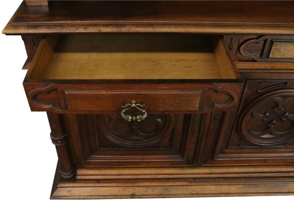 Buffet Antique French Gothic, 1900, Walnut Wood 4-Door 2-Drawer