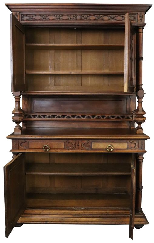 Buffet Antique French Gothic, 1900, Walnut Wood 4-Door 2-Drawer