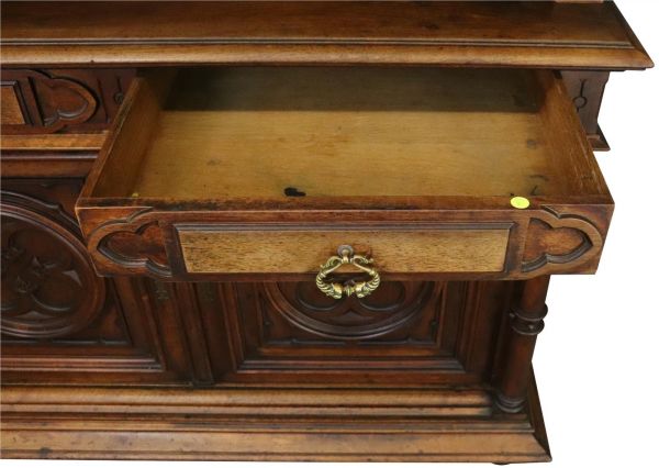 Buffet Antique French Gothic, 1900, Walnut Wood 4-Door 2-Drawer