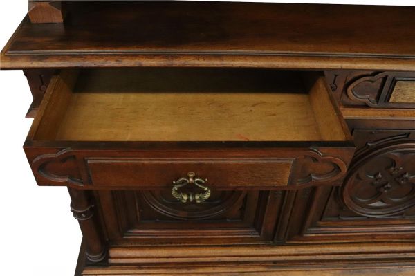 Buffet Antique French Gothic, 1900, Walnut Wood 4-Door 2-Drawer