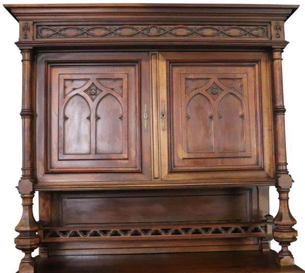 Buffet Antique French Gothic, 1900, Walnut Wood 4-Door 2-Drawer