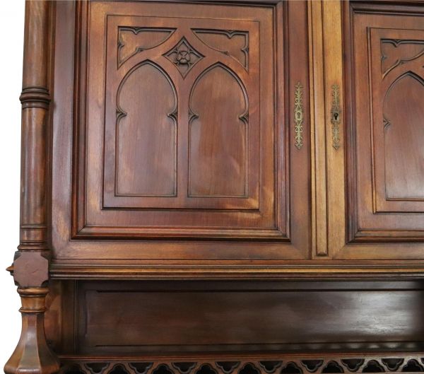 Buffet Antique French Gothic, 1900, Walnut Wood 4-Door 2-Drawer