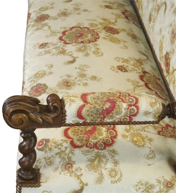 Settee Renaissance Hunting French Antique 1880 Carved Oak, Floral Upholstery