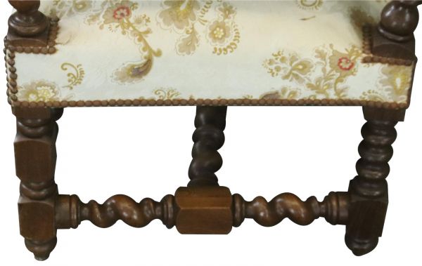 Settee Renaissance Hunting French Antique 1880 Carved Oak, Floral Upholstery
