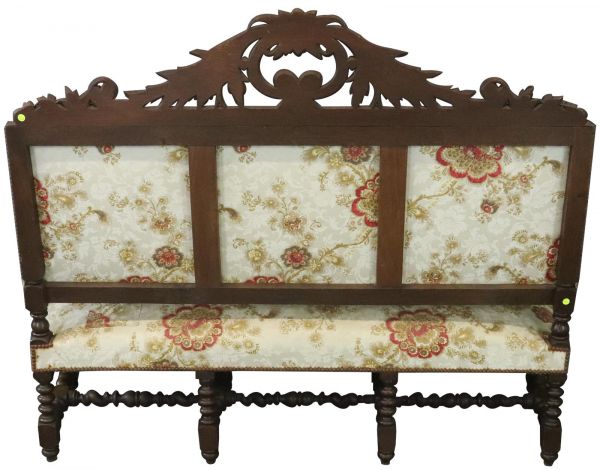 Settee Renaissance Hunting French Antique 1880 Carved Oak, Floral Upholstery