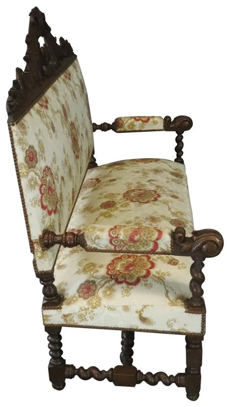 Settee Renaissance Hunting French Antique 1880 Carved Oak, Floral Upholstery