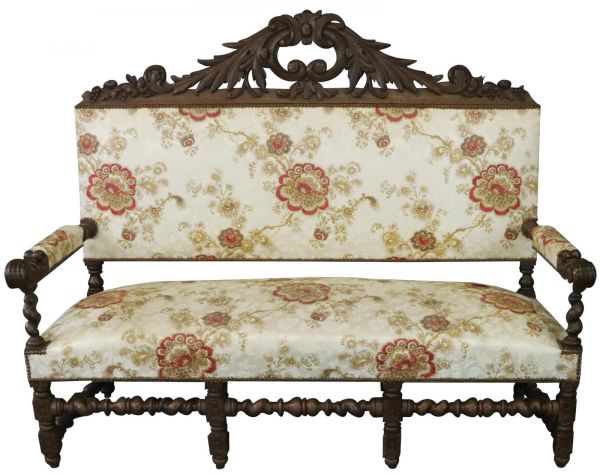 Settee Renaissance Hunting French Antique 1880 Carved Oak, Floral Upholstery