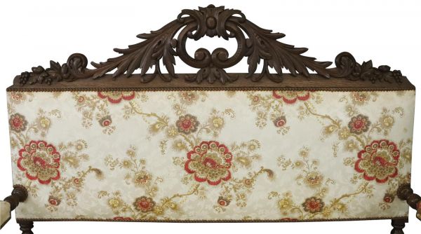 Settee Renaissance Hunting French Antique 1880 Carved Oak, Floral Upholstery