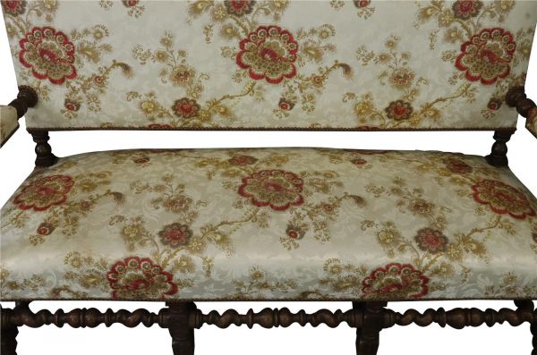 Settee Renaissance Hunting French Antique 1880 Carved Oak, Floral Upholstery
