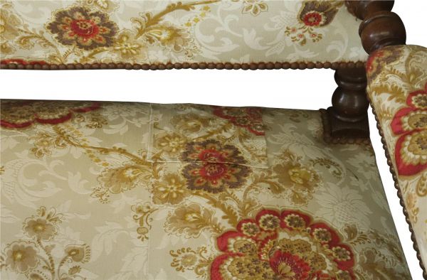 Settee Renaissance Hunting French Antique 1880 Carved Oak, Floral Upholstery
