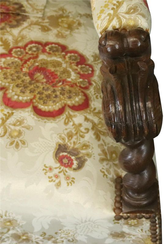 Settee Renaissance Hunting French Antique 1880 Carved Oak, Floral Upholstery