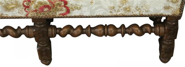 Settee Renaissance Hunting French Antique 1880 Carved Oak, Floral Upholstery