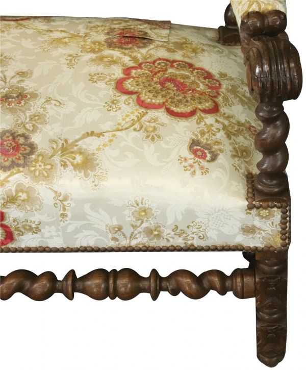 Settee Renaissance Hunting French Antique 1880 Carved Oak, Floral Upholstery