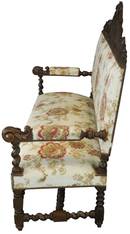 Settee Renaissance Hunting French Antique 1880 Carved Oak, Floral Upholstery