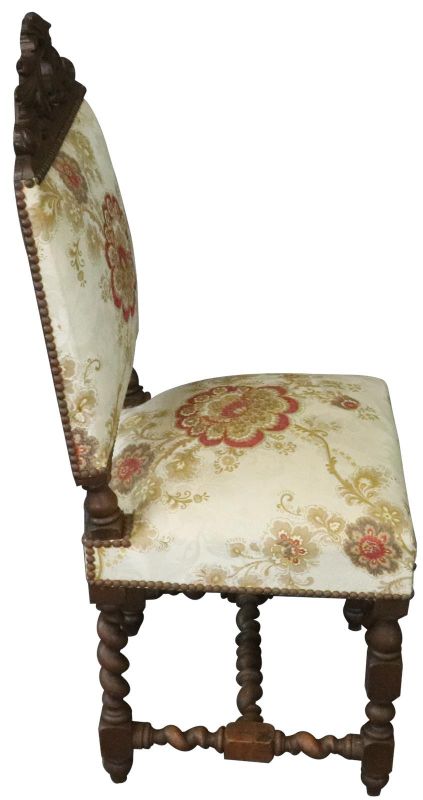 Dining Chairs Hunting Renaissance 1880 French Carved Oak, Cream Red Gold Set 4