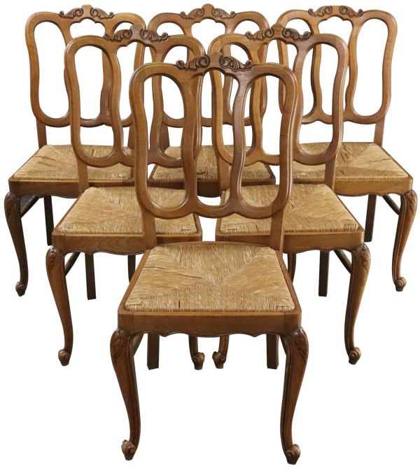 Dining Chairs Louis XV Rococo Vintage 1950 French Oak Cane Rattan Set 6
