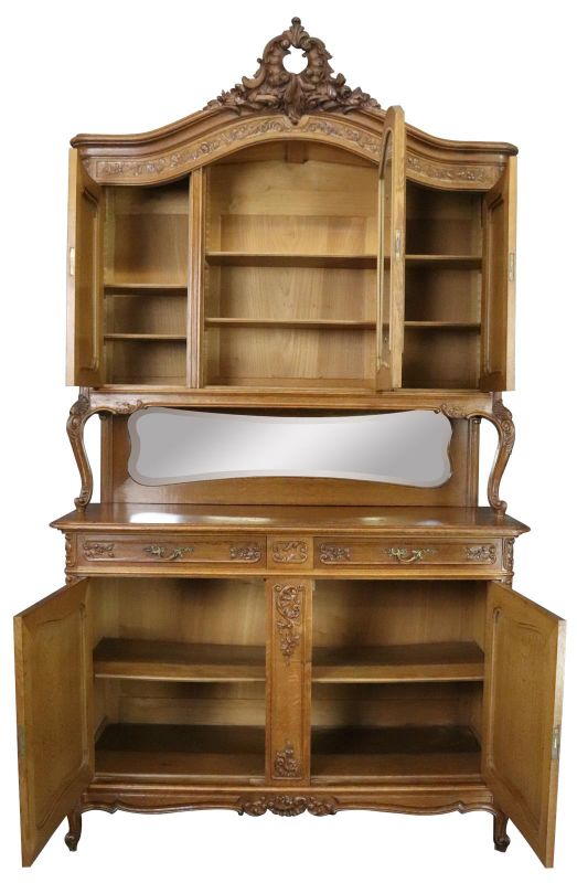 Buffet Louis XV Rococo Antique French 1900 Server Oak Glass 5-Door 2-Drawer