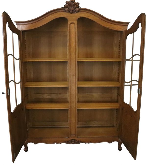 Bookcase Louis XV Vintage French Rococo 1950 Oak Wood Paned Glass 2-Doors