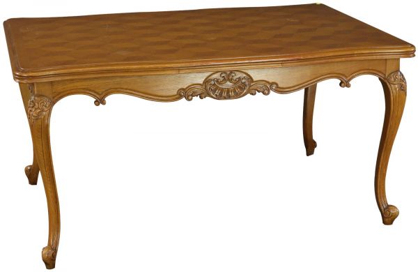 Table Louis XV Rococo Vintage French 1950 Parquet Top Oak Two Leaves Extending