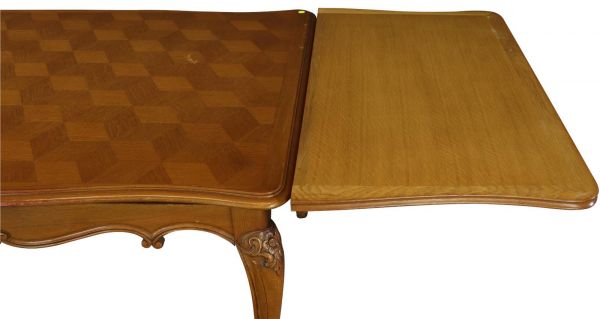 Table Louis XV Rococo Vintage French 1950 Parquet Top Oak Two Leaves Extending