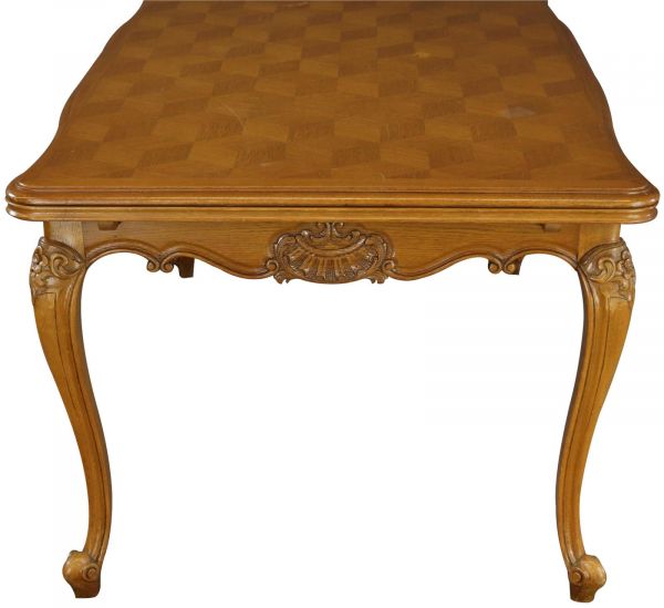 Table Louis XV Rococo Vintage French 1950 Parquet Top Oak Two Leaves Extending