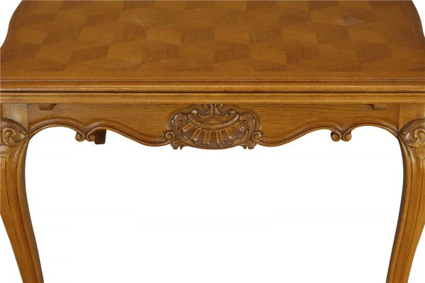 Table Louis XV Rococo Vintage French 1950 Parquet Top Oak Two Leaves Extending