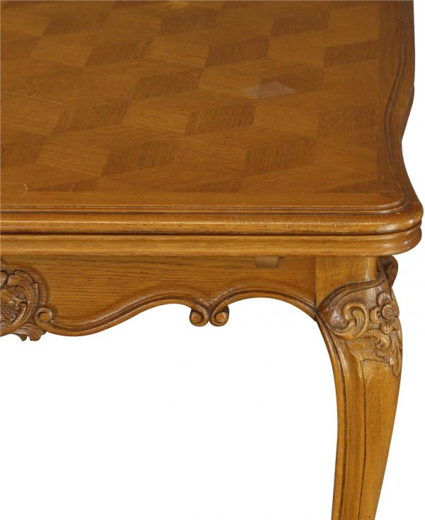 Table Louis XV Rococo Vintage French 1950 Parquet Top Oak Two Leaves Extending