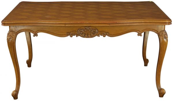 Table Louis XV Rococo Vintage French 1950 Parquet Top Oak Two Leaves Extending