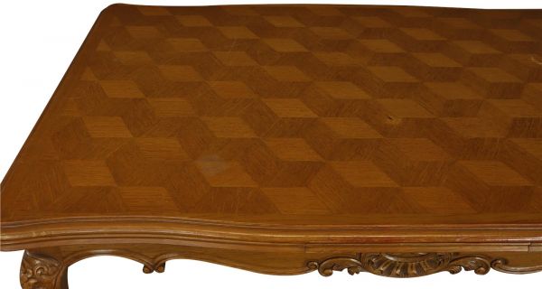 Table Louis XV Rococo Vintage French 1950 Parquet Top Oak Two Leaves Extending