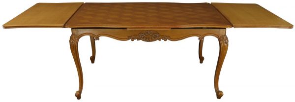 Table Louis XV Rococo Vintage French 1950 Parquet Top Oak Two Leaves Extending