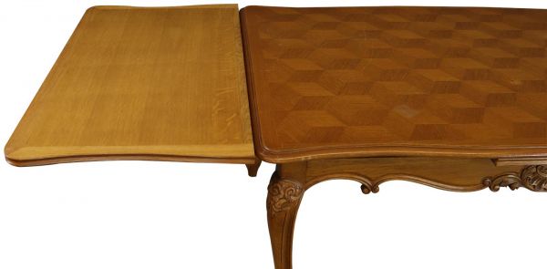 Table Louis XV Rococo Vintage French 1950 Parquet Top Oak Two Leaves Extending
